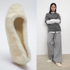 ZARA FAUX FUR BALLET FLATS OFF WHITE